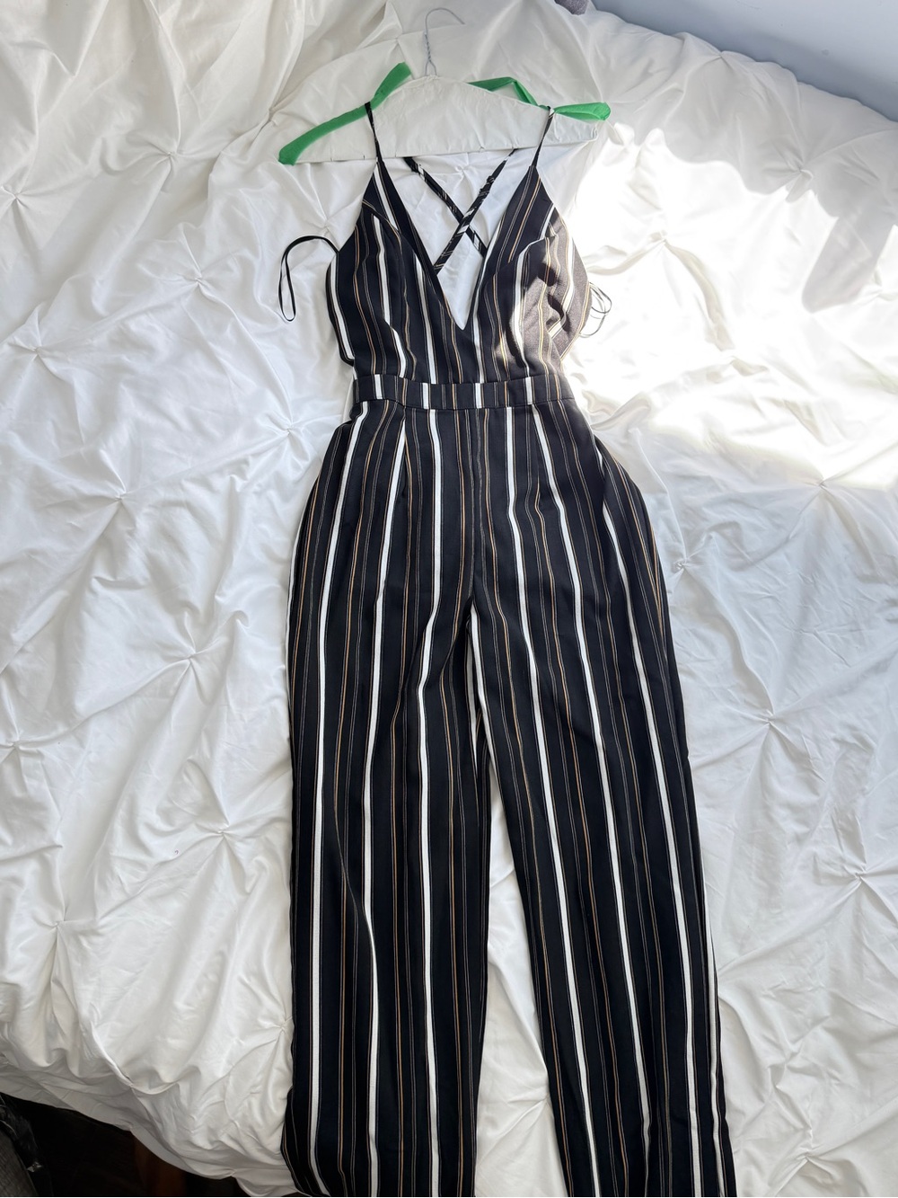 Women Sleeveless Striped Black White VNeck Cross-Back Jumpsuit Wide Leg Bodysuit